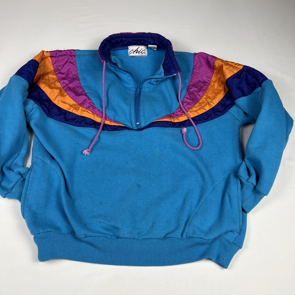 Vintage 80s Chic 1/4 Zip Pullover Sweatshirt Retro Multicolor Teal Blue Mens L